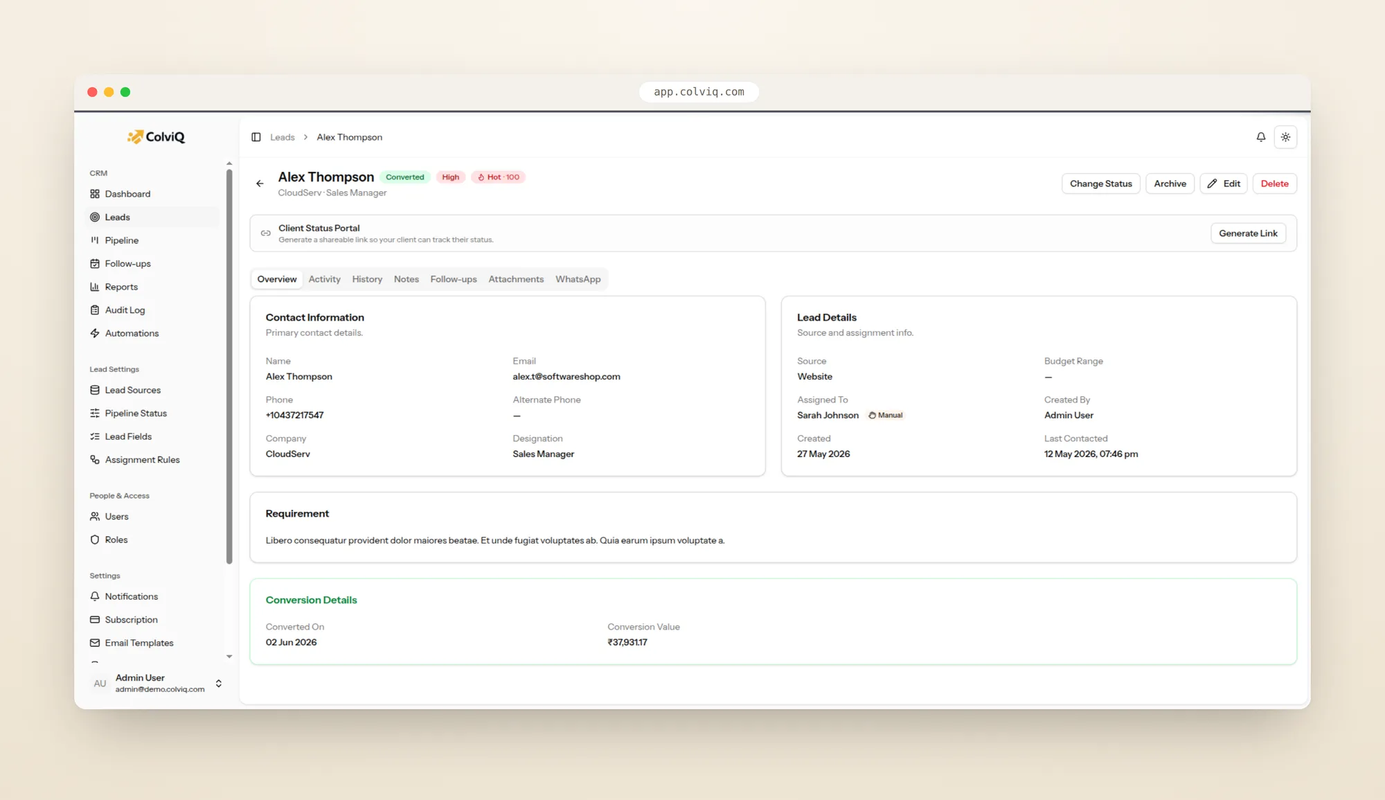 ColviQ lead detail with contact info, activity, notes, follow-ups and WhatsApp tabs