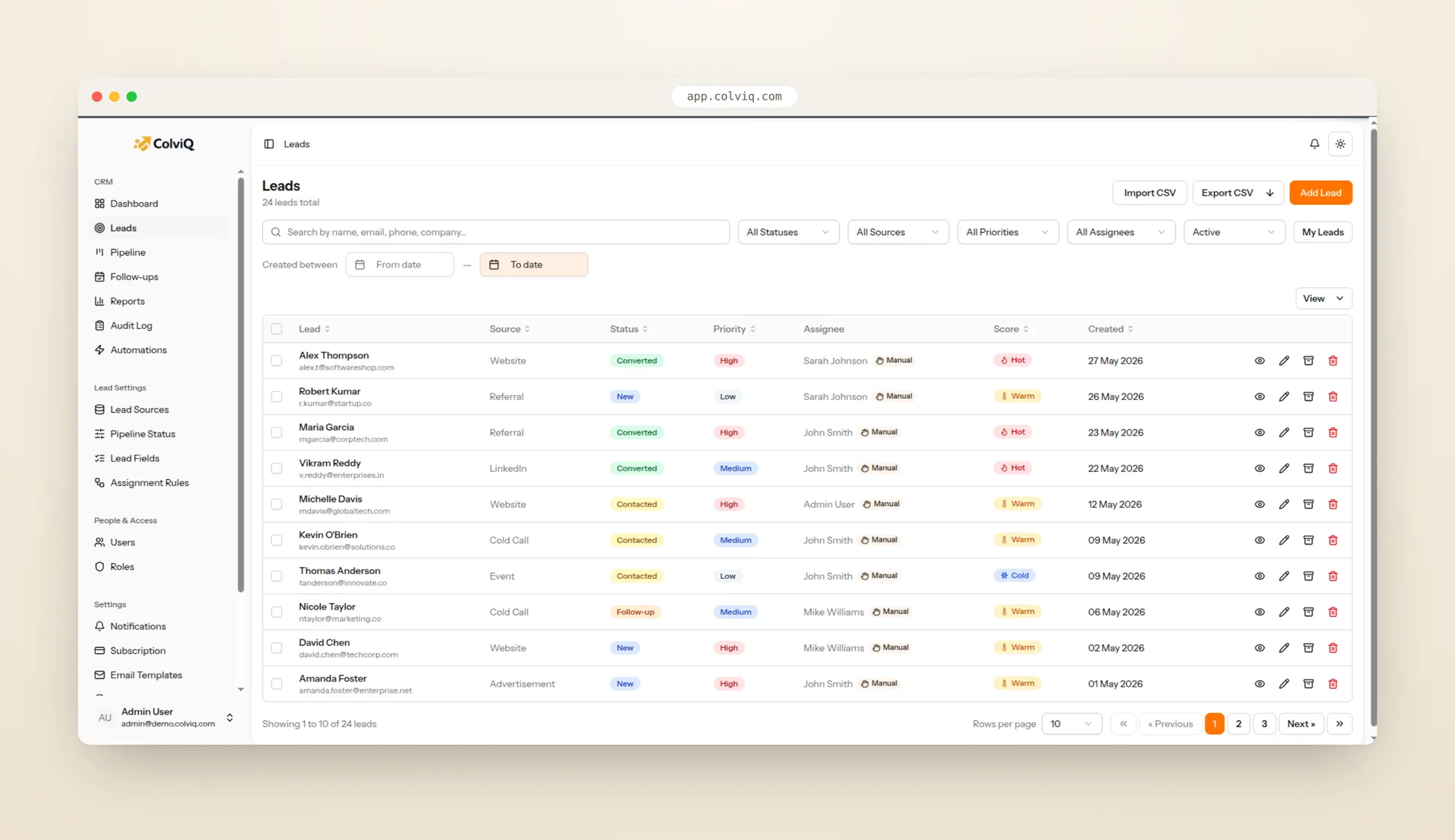 ColviQ leads list with status, source, priority, assignee and lead score